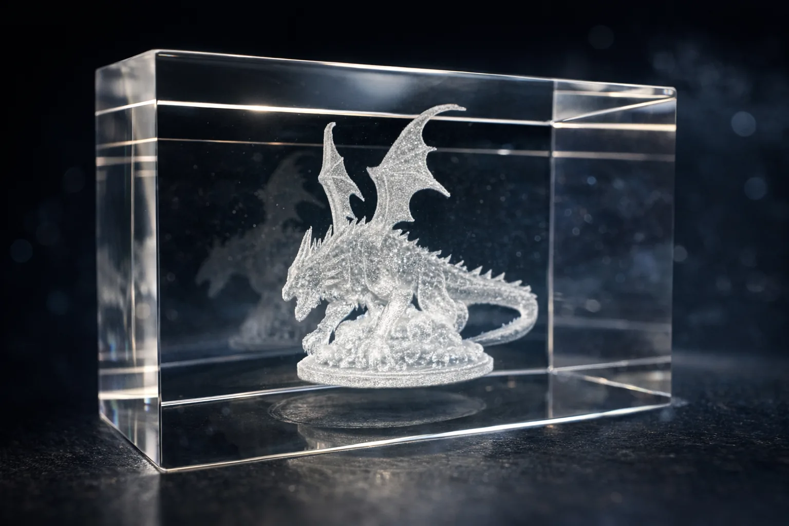 Three-dimensional dragon etched inside a crystal block