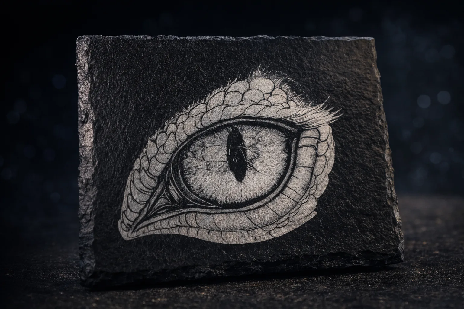 Dragon eye engraved into rectangular slate