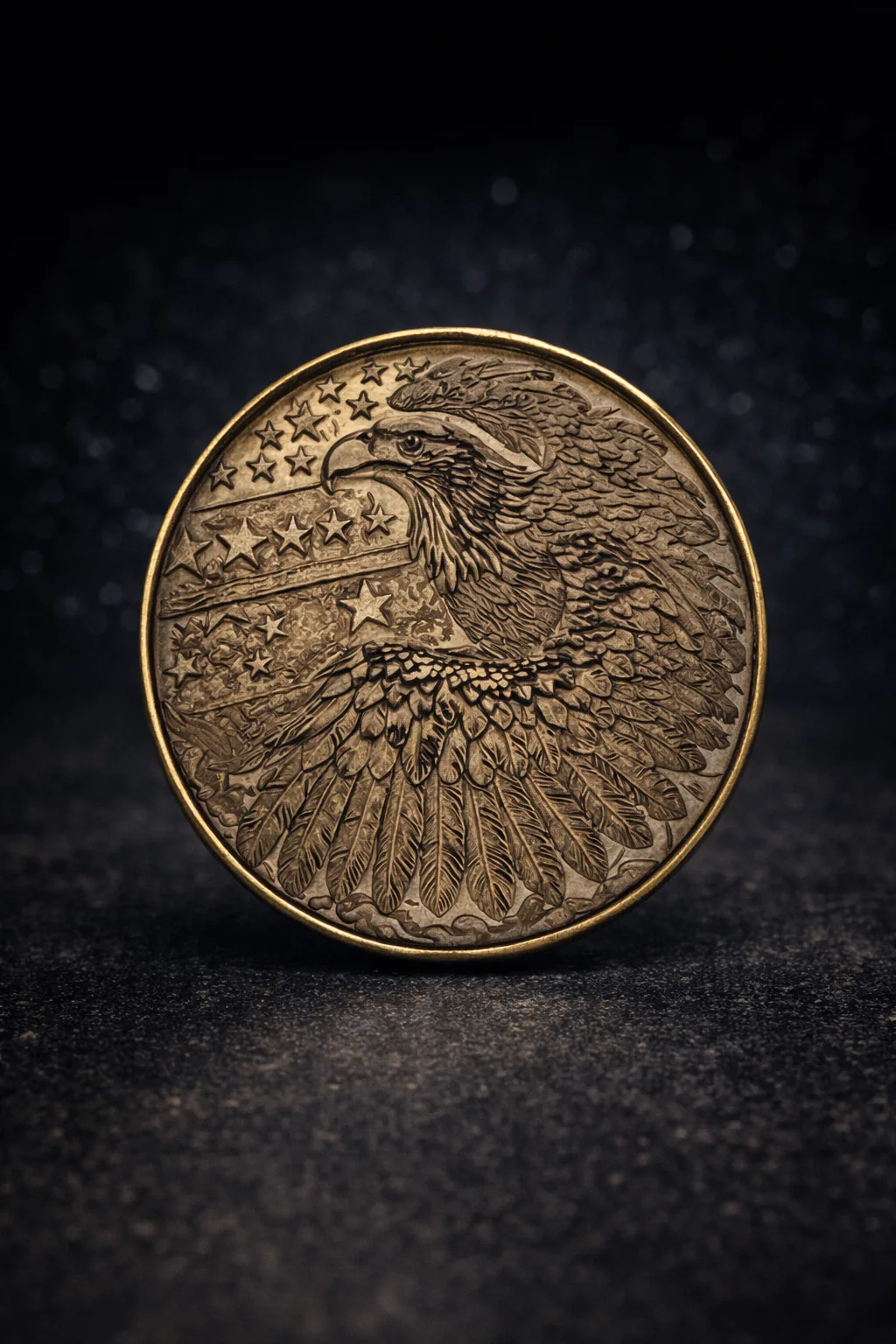 Eagle engraved into a brass medallion