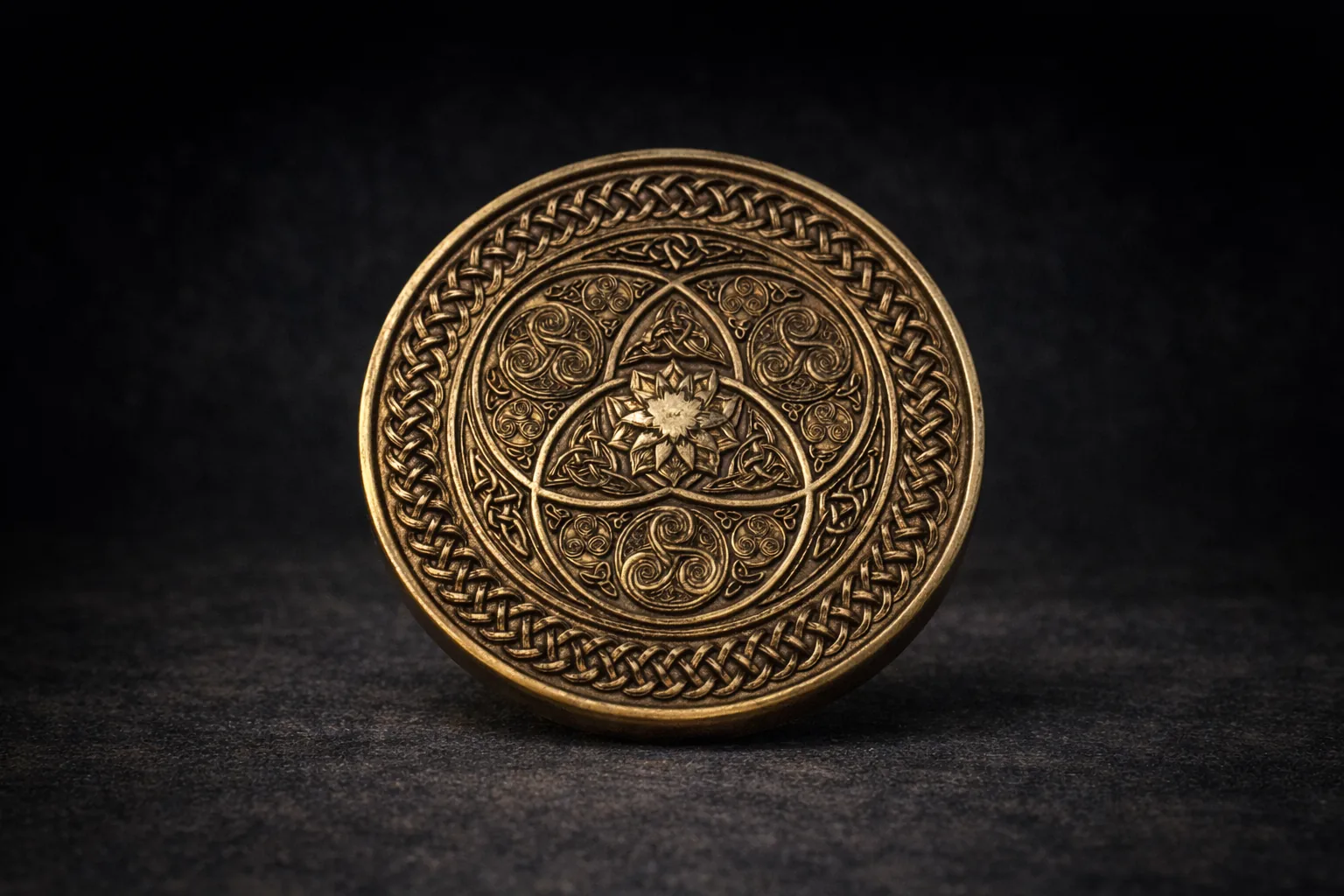 Celtic mandala pattern engraved into a metal coin