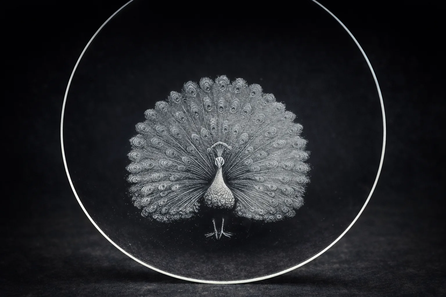 Peacock etched into a glass circle