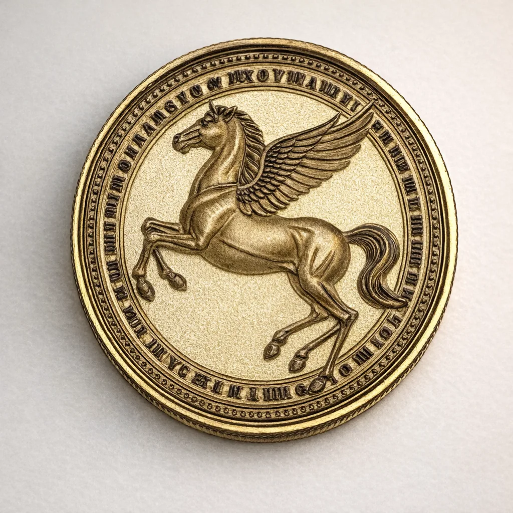 Pegasus engraved into a gold-toned coin