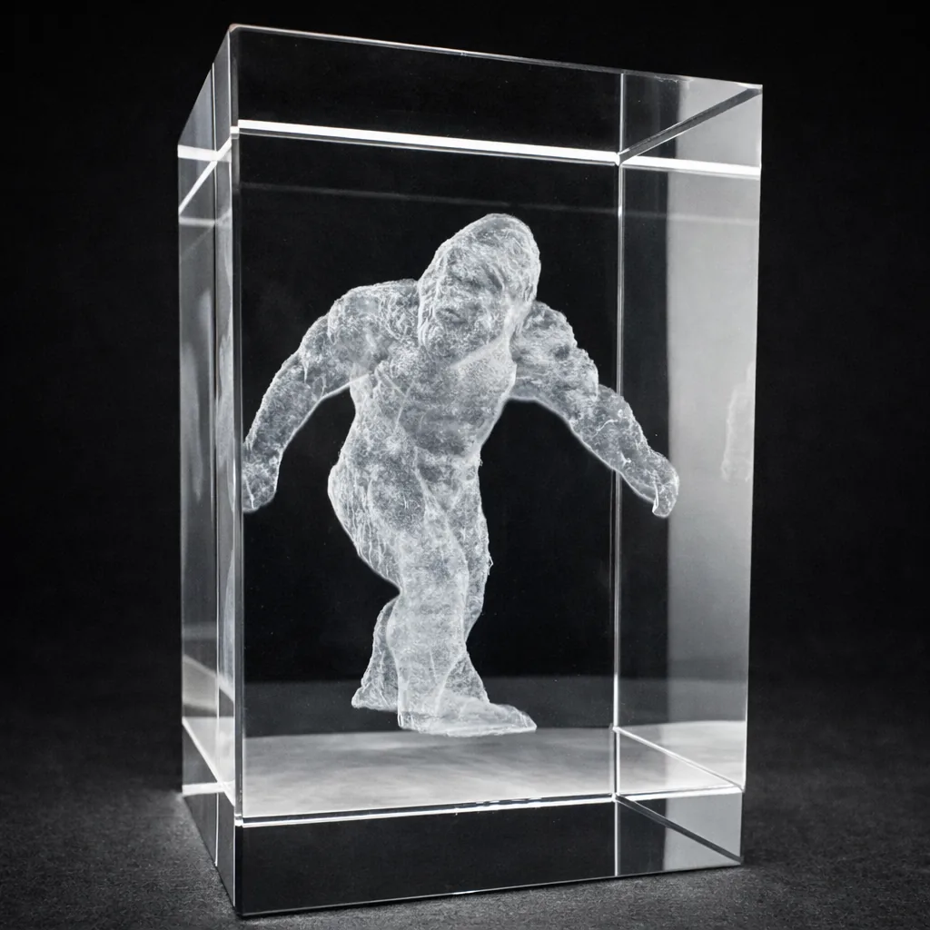 Sasquatch engraving inside a crystal/glass block